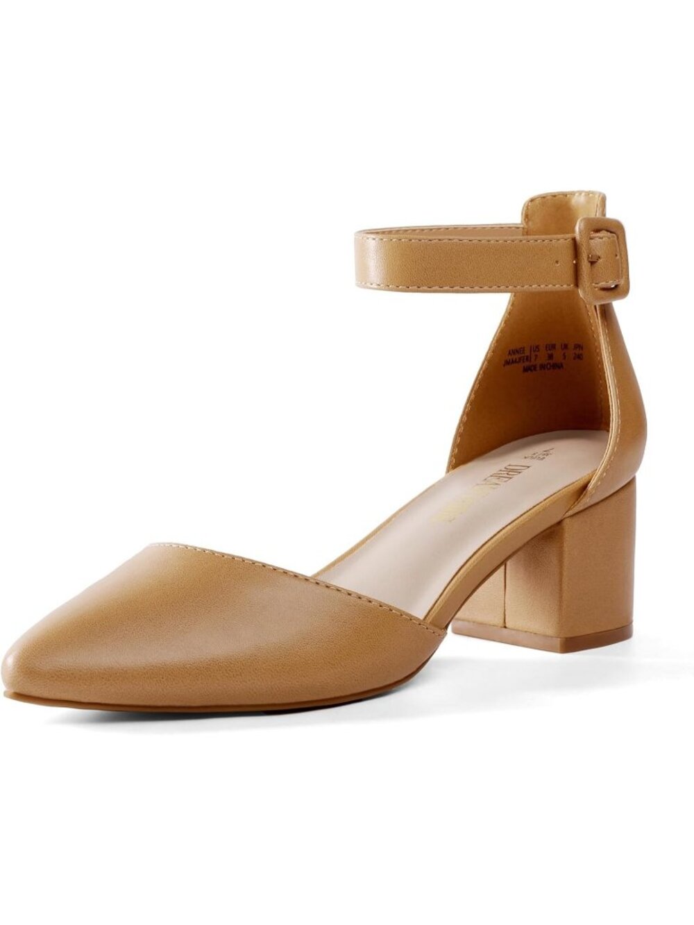 Women's Nude Pu ANNEE Closed Toe Low Chunky Block Heels Ankle Strap Pumps Shoes